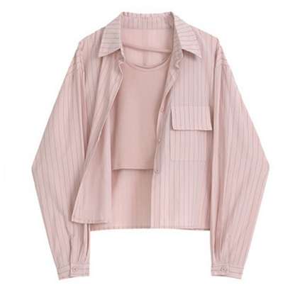 【3color】ピンストライプシャツ+キャミソールセットアップ X-223