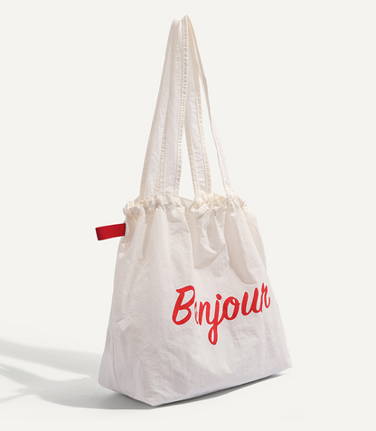 【4color】“Bonjour” レタープリントドローストリングトートバッグ　《Z00802》