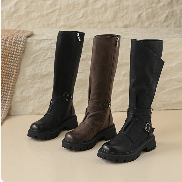 【2color】ラウンドトゥサイドジッパーロングブーツ X-468