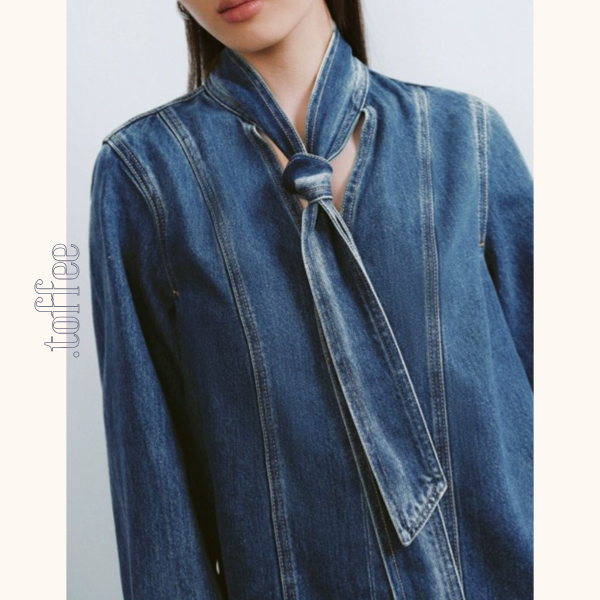 リボンタイ付きウォッシュドデニムシャツ　Z00611