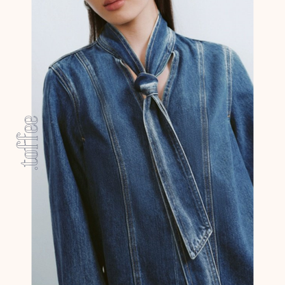 リボンタイ付きウォッシュドデニムシャツ　Z00611