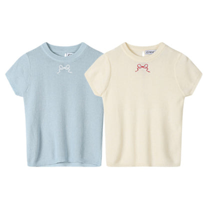 【4color】リボン半袖ニットトップ Z00285