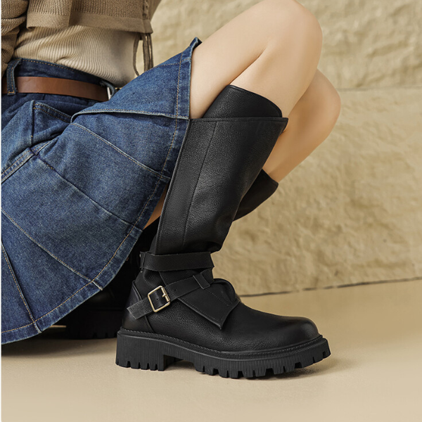 【2color】ラウンドトゥサイドジッパーロングブーツ X-468