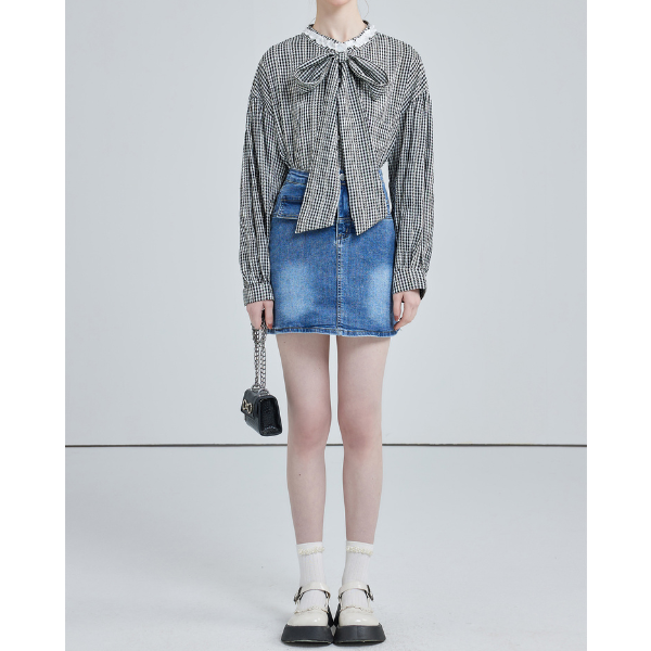 フロントリボンギンガムチェックルーズブラウス X-527