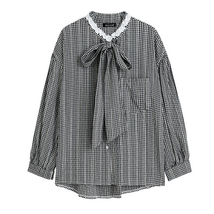 フロントリボンギンガムチェックルーズブラウス X-527