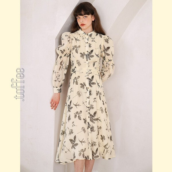 クラシカルボタニカルプリント　パフスリーブシャツワンピース　C0165