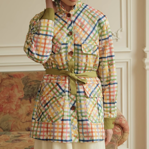 小花×チェック柄のカラフルシャツ Z00078