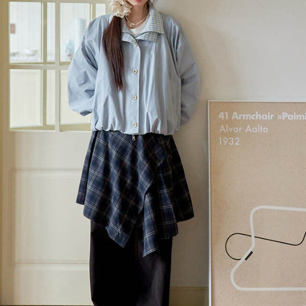 無地×ギンガムチェックのコントラストカラーバルーンジャケット　《Z00765》