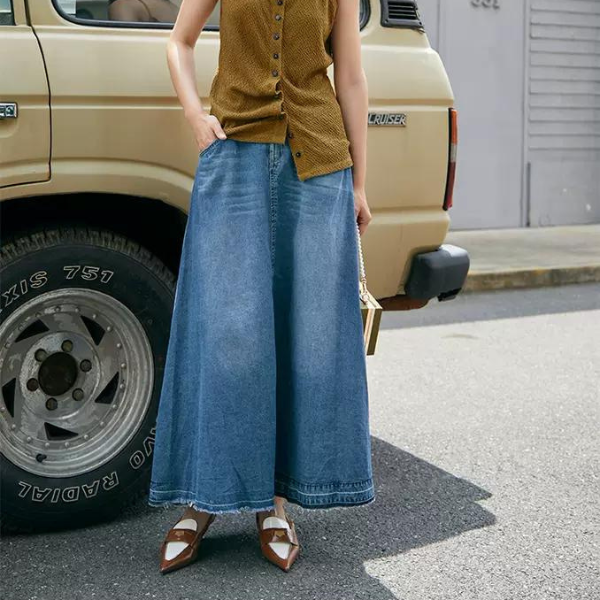 デニムミモレ丈フレアスカート w-012