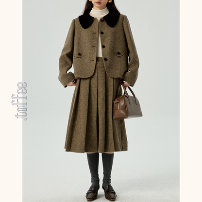 ヘリボーン柄ショートジャケット＆プリーツミディスカートのセットアップ　Z00481