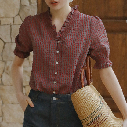 フリルネックチェック柄ブラウス《Z00822》