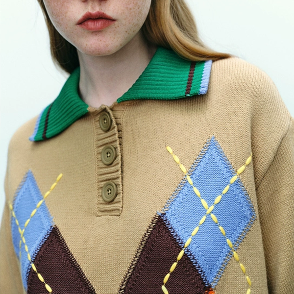 カラフルアーガイル柄半袖ニットトップ　Z00543