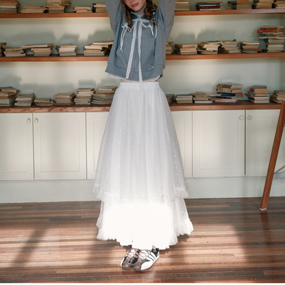 フリル＆メッシュホワイトロングスカート　Z00570