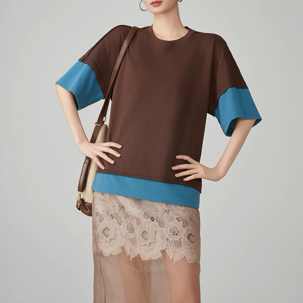 バイカラークルーネックレイヤード風トップス《Z00920》