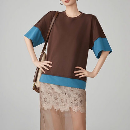 バイカラークルーネックレイヤード風トップス《Z00920》