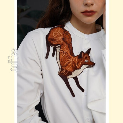 【2color】「小狐物語」森の中のキツネとアシンメトリーフリルブラウス C0182