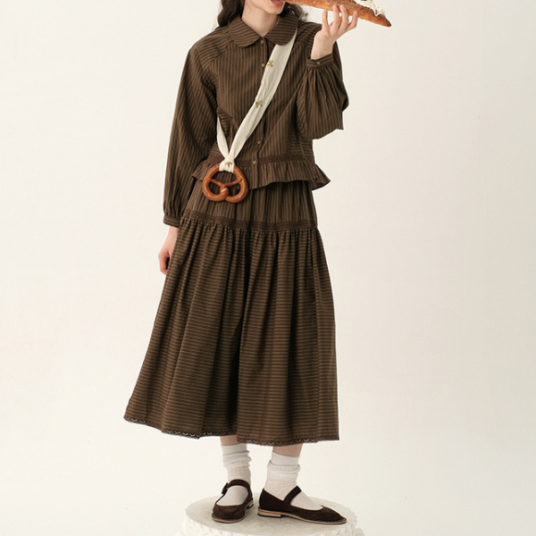 【2color】レトロストライプフリルヘムセットアップ X-263