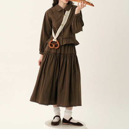 【2color】レトロストライプフリルヘムセットアップ X-263