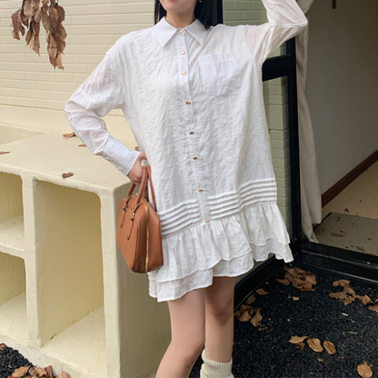 【2color】フリルヘムショート丈シャツワンピース Z00048