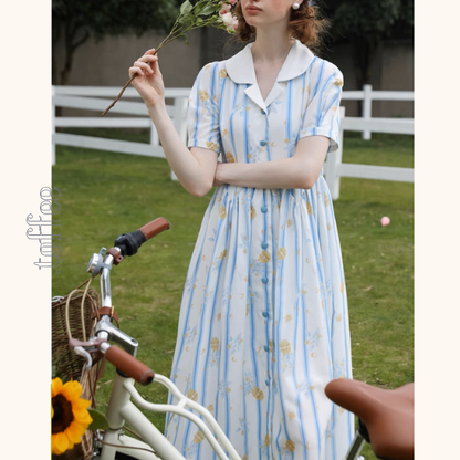 花柄＆ストライプフレンチシャツワンピース《Z00879》