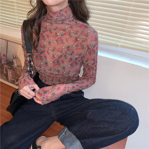 【5color】レトロな花柄シースルートップス Z00105