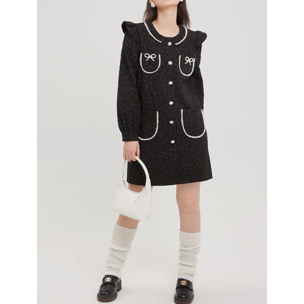ふくれジャガードのブラックミニワンピース X-381