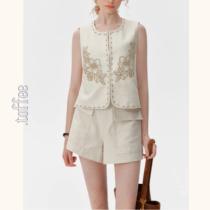 ハイビスカス刺繍ベスト＆ショートパンツセットアップ《Z01008》
