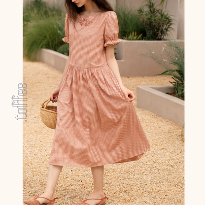 リボン刺繍のギンガムチェックワンピース《Z01054》
