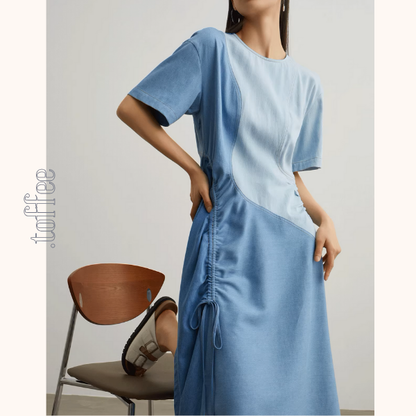 パッチワークアシメトリードローストリングロングワンピース《Z00950》