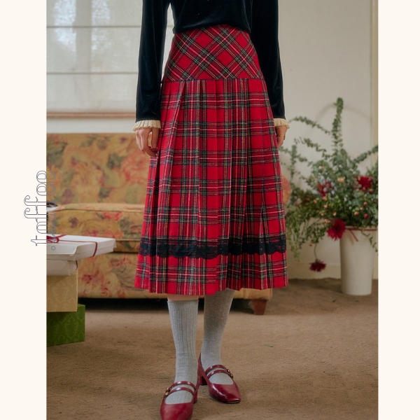 タータンチェック柄ハイウエストAラインミディスカート　 《Z00785》