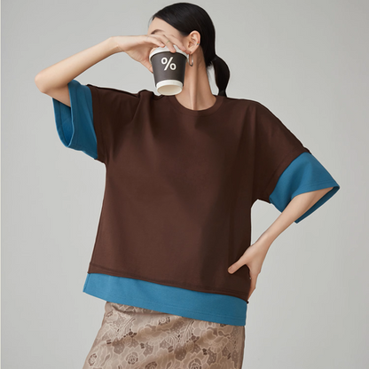 バイカラークルーネックレイヤード風トップス《Z00920》