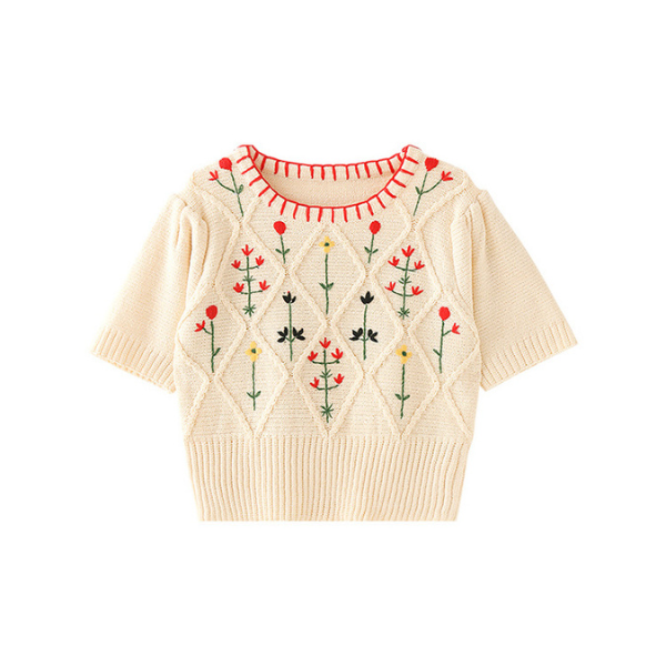 小花刺繍入りショートニットトップ Z00218