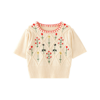 小花刺繍入りショートニットトップ Z00218