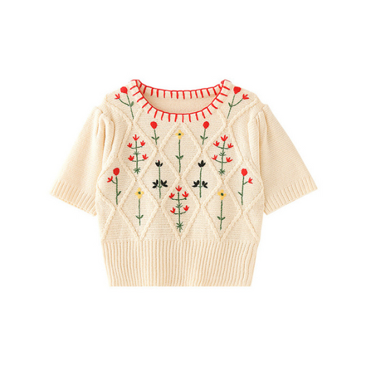 小花刺繍入りショートニットトップ Z00218