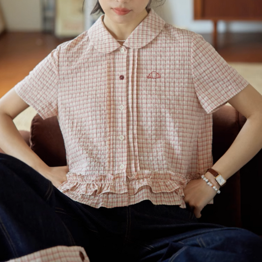 ラッフルヘムクロップドチェックシャツ《Z01021》