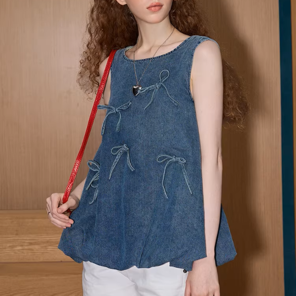 リボン装飾ノースリーブデニムトップ《Z00898》