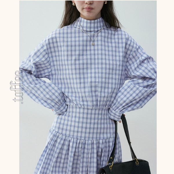 チェック柄Aラインロングシャツワンピース《Z00839》