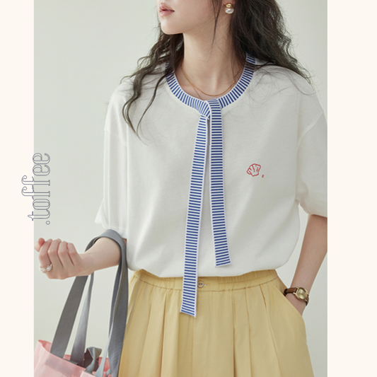 ブルーストライプタイ付きドロップショルダートップ　Z00462