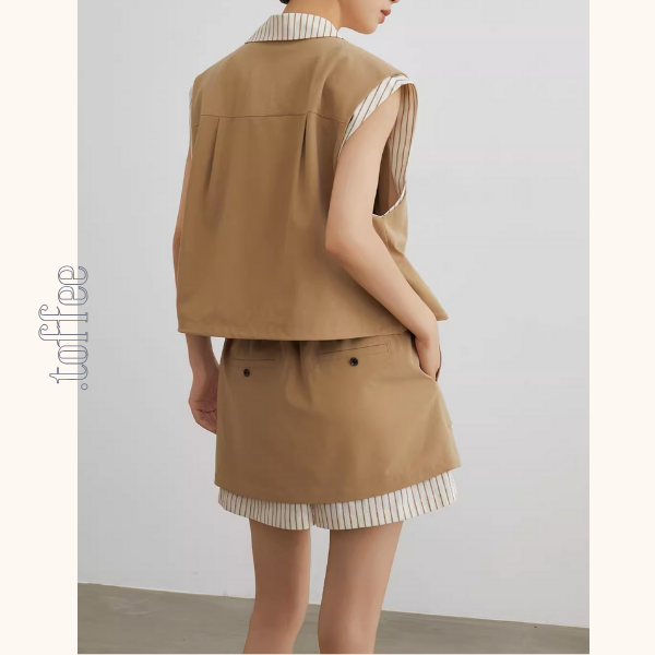 ストライプディテールレイヤード風ベスト＆ドローストリングハーフパンツセットアップ《Z00943》