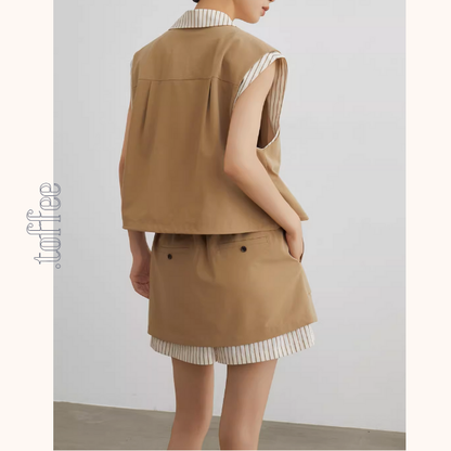 ストライプディテールレイヤード風ベスト＆ドローストリングハーフパンツセットアップ《Z00943》