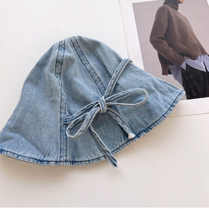 【3color】リボン付きウオッシュデニムドームハット Z00159