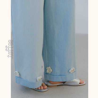 花咲く裾刺繍のブルーワイドパンツ《Z01071》
