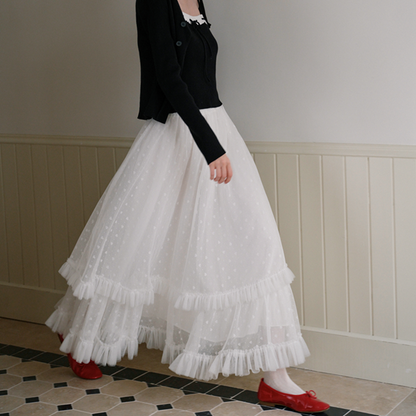 フリル＆メッシュホワイトロングスカート　Z00570