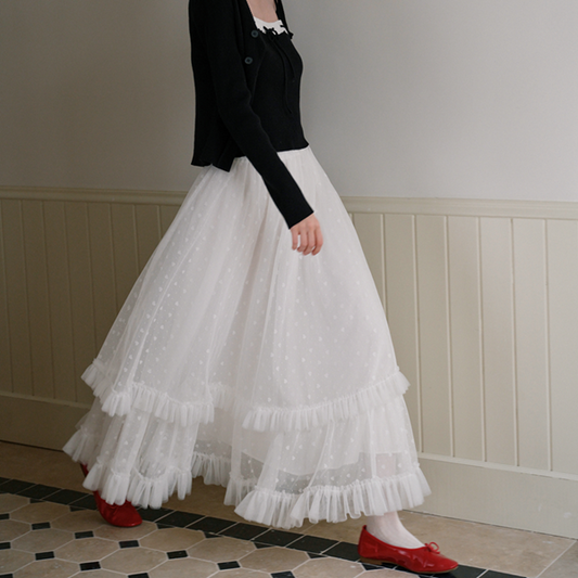 フリル＆メッシュホワイトロングスカート　Z00570