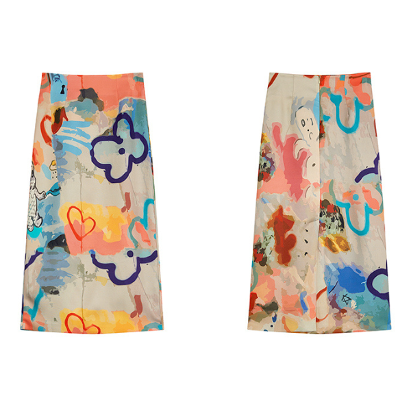 油絵プリントハイウエストスリムヒップスカート X-518