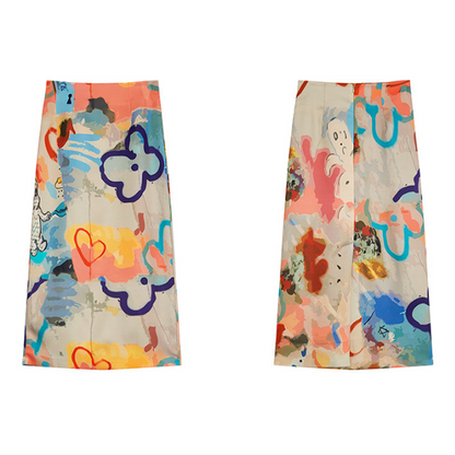 油絵プリントハイウエストスリムヒップスカート X-518