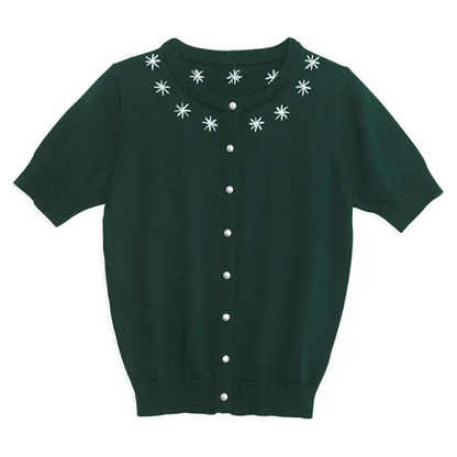 お花の刺繍入りラウンドネック半袖ニット Z00233