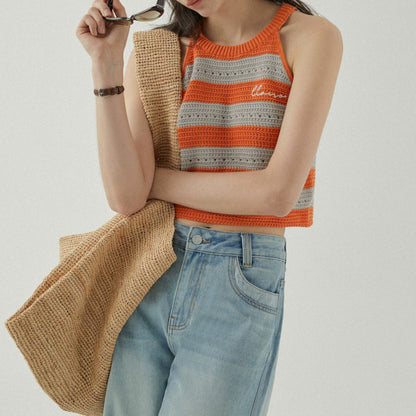 【2color】ホルターネックストライプニットトップ Z00310