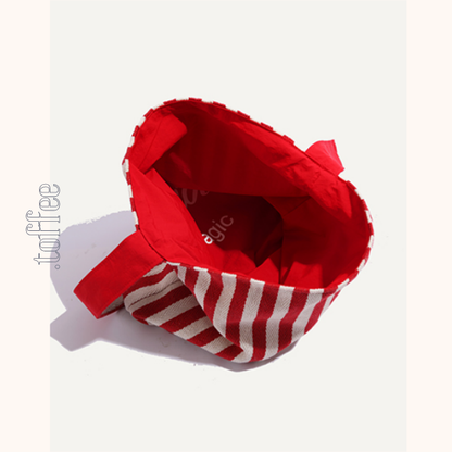 【2color】ストライプ柄×無地ロゴプリントキャンバスショルダーバッグ　《Z00803》