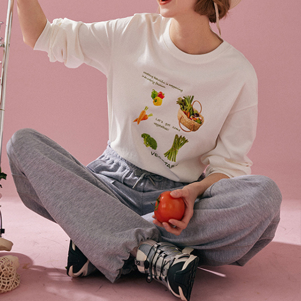 【2color】ベジタブルプリント入りロングTシャツ Z00128